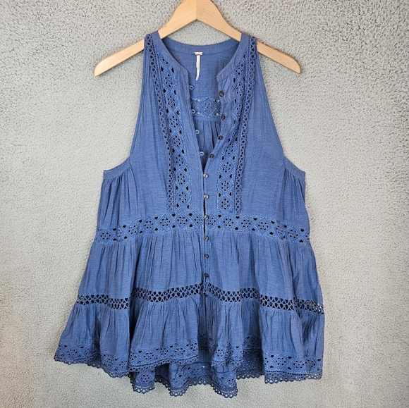 Free People Womens Tunic Sz S Blue Eyelet Trim Button Front Boho Beachy Vacation - Picture 2 of 13